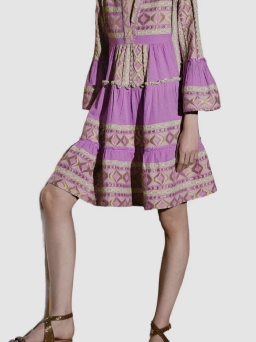 Lace the Label Lavender Tiered Mini Dress with Bell Sleeves Medium